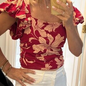 Floral Ruffle Sleeve Top - Raspberry